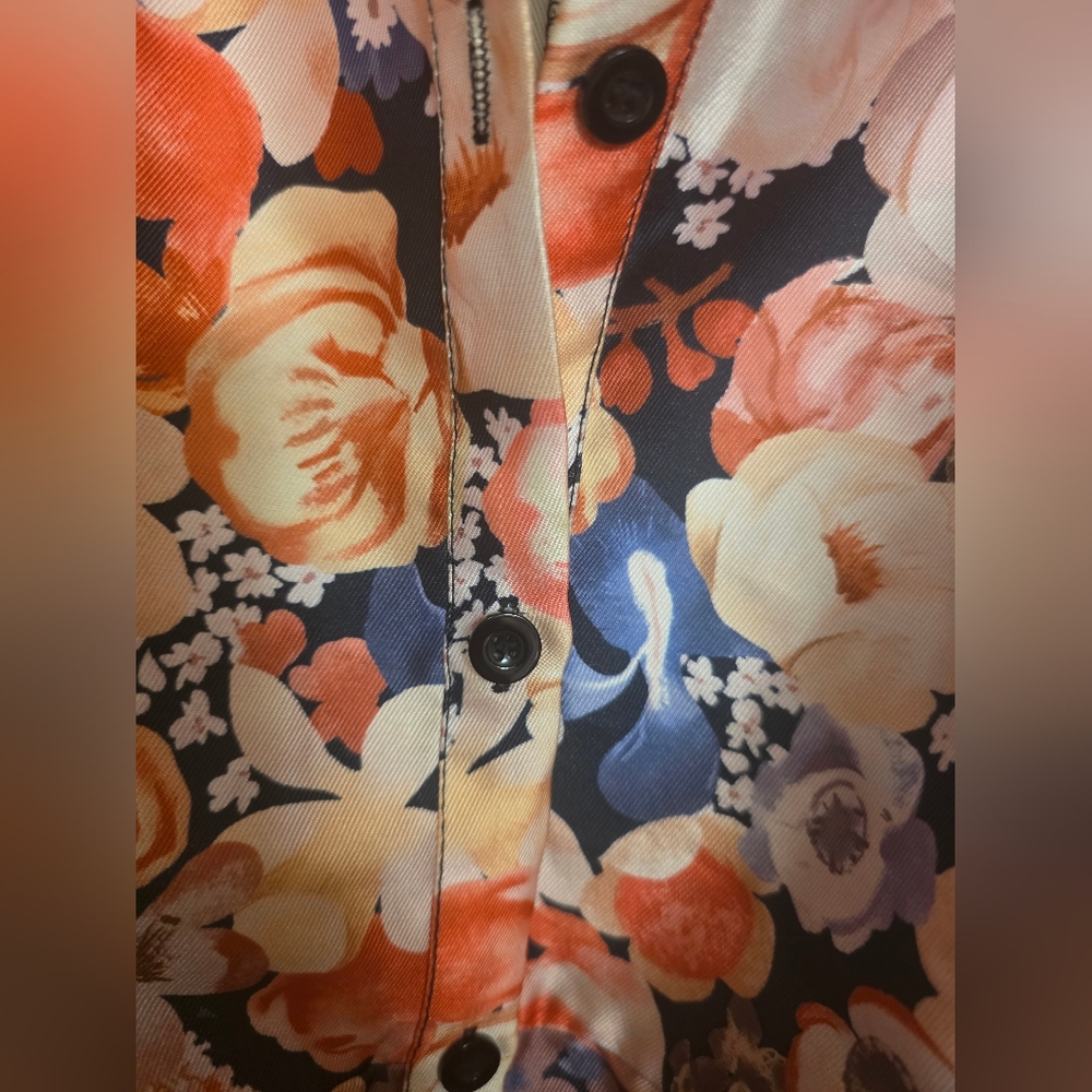 Floral Satin Midi Dress with Puff Sleeves - Navy & Pink Large - Picture 7 of 9
